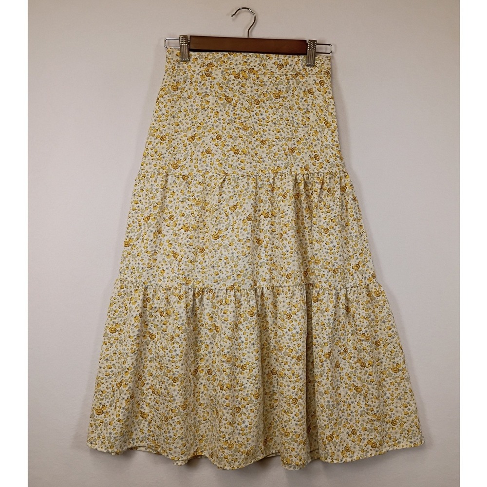Cottagecore Unbranded Women Small Yellow Ditsy Floral Tiered Midi Skirt